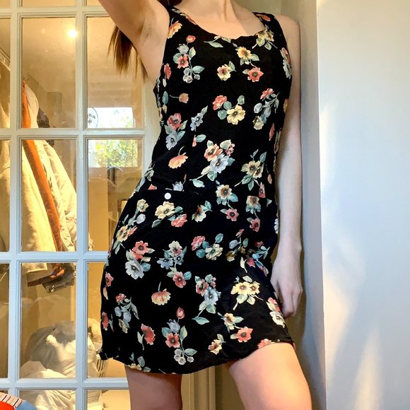 Vintage 1990s Floral Summer Black Mini Dress - Picture 1 of 3